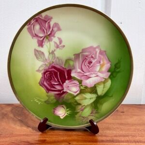 Thomas Bavaria Mentone Hand Painted Pink Roses Porcelain Cabinet Plate Gold Gilt